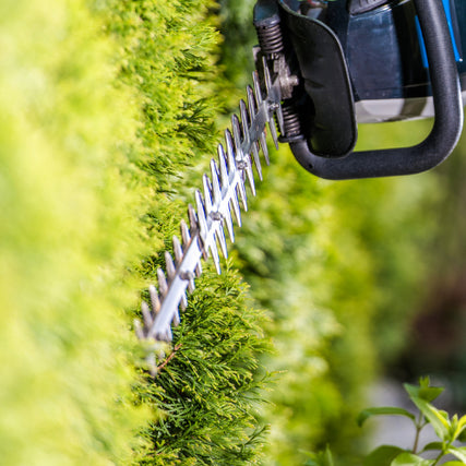 LandscapingA close-up of a hedge trimmer being used to cut a bush.