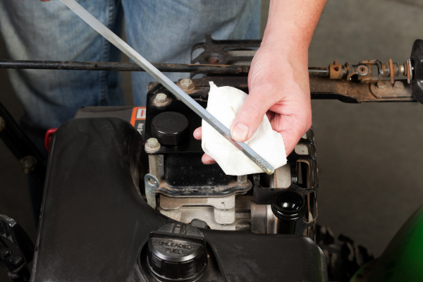 A small engines oil being checked with a dip stick and paper towel.