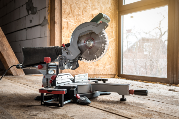 A close-up of a chop saw.