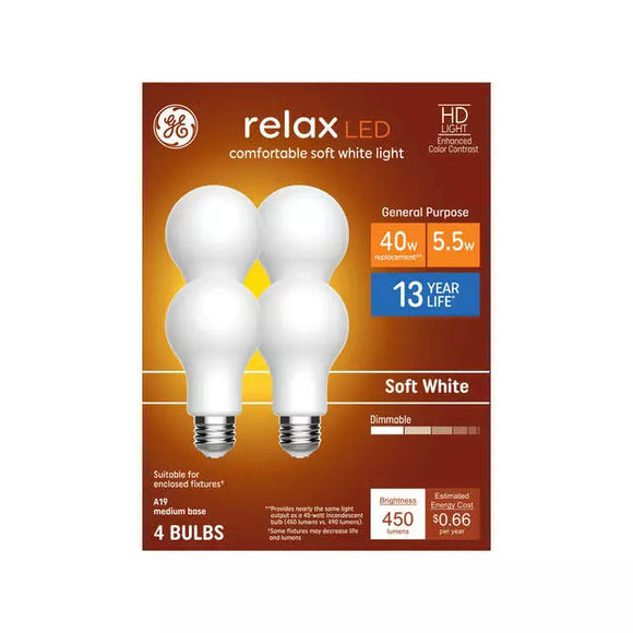 GE Relax HD A19 LED Light Bulbs General Purpose Bulbs 40 Watt Replacement Soft White