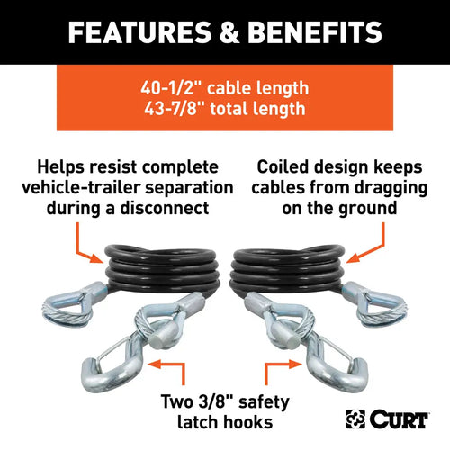 CURT 43-7/8 Safety Cables with 2 Snap Hooks 3,500 lbs Vinyl-Coated