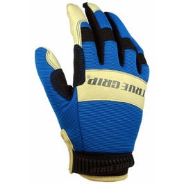 Hybrid Leather Work Gloves, Pigskin/Spandex, Blue, Large